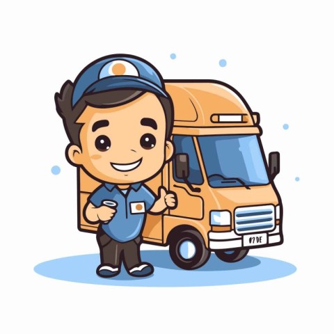 Cute cartoon delivery boy standing next to a truck. Vector illus