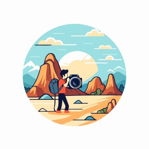 Photographer taking pictures of mountain landscape. Vector illus