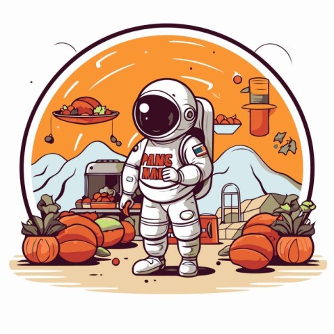 Astronaut on the background of a pumpkin. Vector illustration.