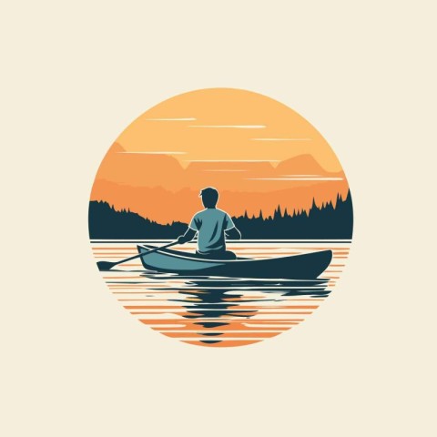 Man in a canoe on a lake at sunset. Vector illustration.