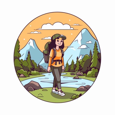 Hiking woman with backpack in the mountains. Vector illustration