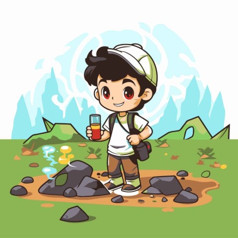 Cute boy hiking in the mountains with a glass of juice. Vector i