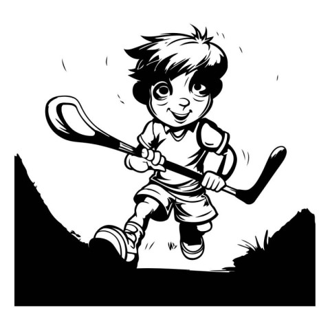 Boy playing hockey. Black and white illustration of a boy playin