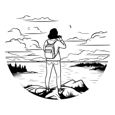 Tourist with binoculars on the lake. Vector illustration.