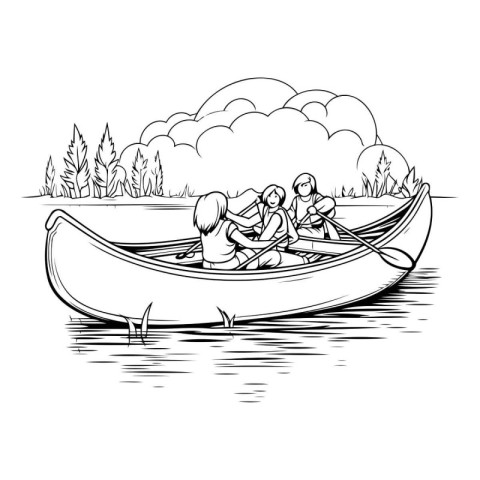 Couple in a boat on the lake. Black and white vector illustratio