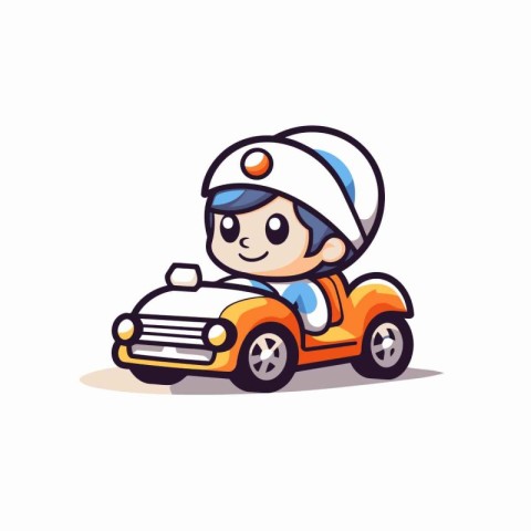 Cute little boy driving a toy car. vector cartoon illustration.