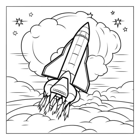 Coloring book for children: space rocket flying through the clou