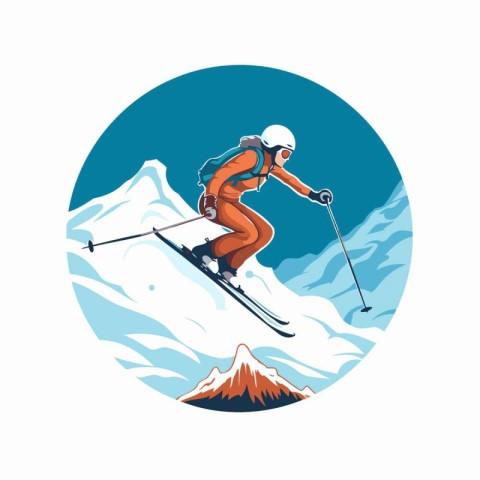 Skiing woman in the mountains. Vector illustration on white back