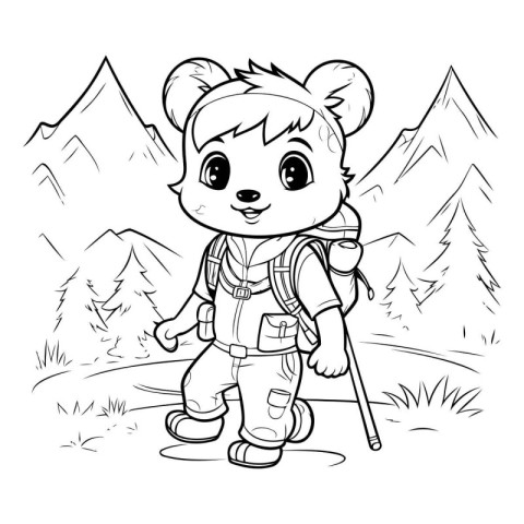 Cute cartoon hiker girl with backpack. Vector illustration for c