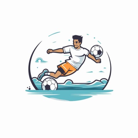 Soccer player kicking the ball on the beach. Vector illustration