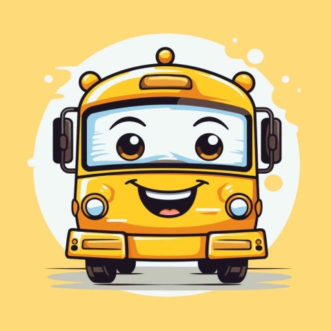 Cartoon yellow school bus with smiling face on yellow background