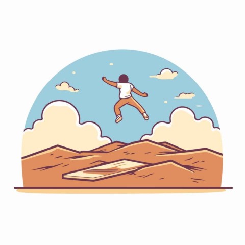 Young man jumping on the mountain. Vector illustration in flat s