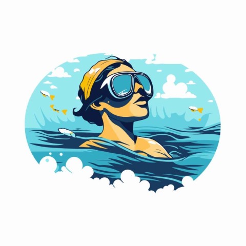 Vector illustration of a woman in a diving mask and snorkel swim