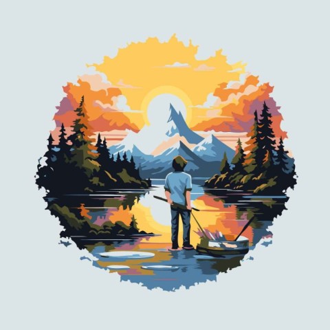 Fisherman with a fishing rod on the lake. Vector illustration.