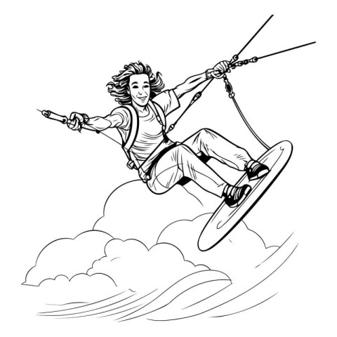 Kitesurfing girl. Black and white illustration of a kite surfer