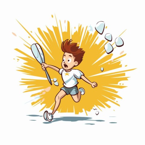 Boy playing badminton with racket and ball. Vector illustration.