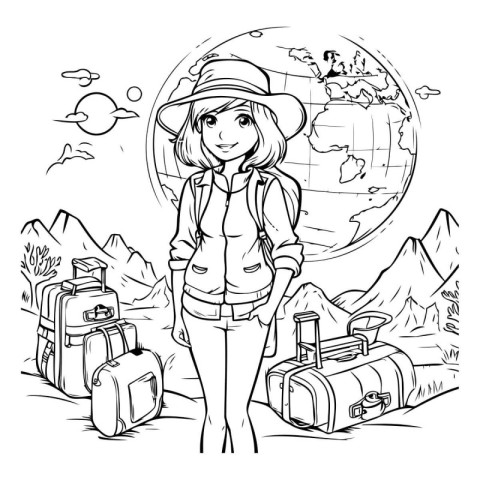 Vector illustration of a girl in a hat with a suitcase on vacati