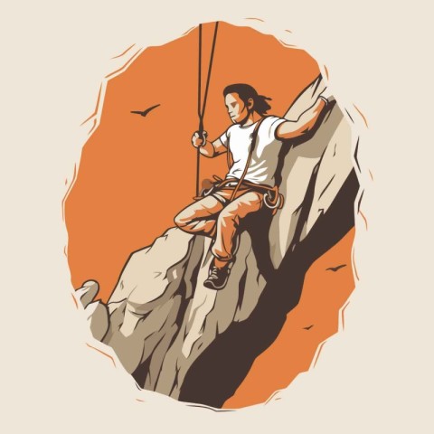 Climber girl climbing on a cliff. Vector illustration in retro s