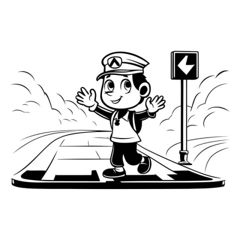 Cute boy in pilot hat waving hand on the road vector illustratio