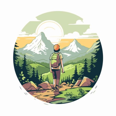 Hiking in the mountains. Vector illustration in a flat style.