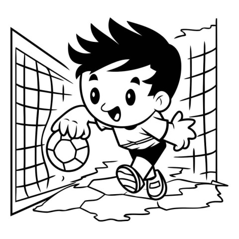 Boy playing soccer - Black and White Cartoon Illustration. Isola