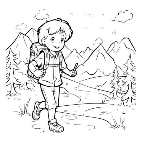 Black and White Cartoon Illustration of a Boy Hiking or Camping