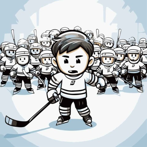 Illustration of a boy playing ice hockey with his team in the ba