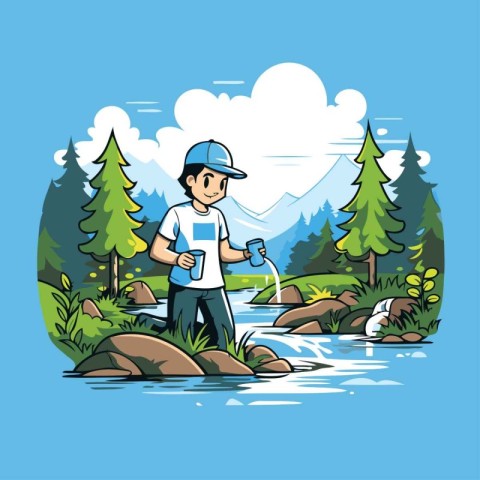 Fisherman with fishing rod in the river. Vector illustration.