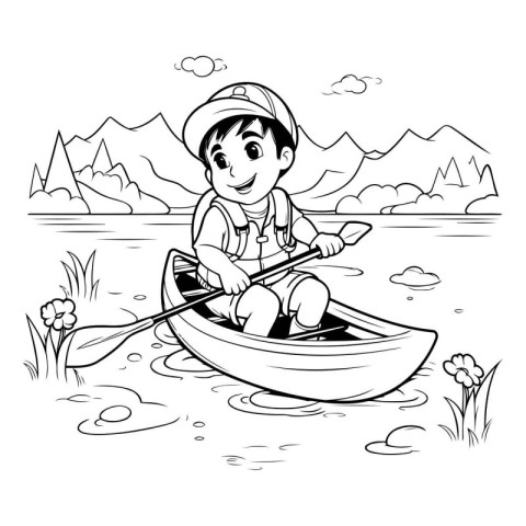 Boy rowing a boat on a lake. Black and white vector illustration