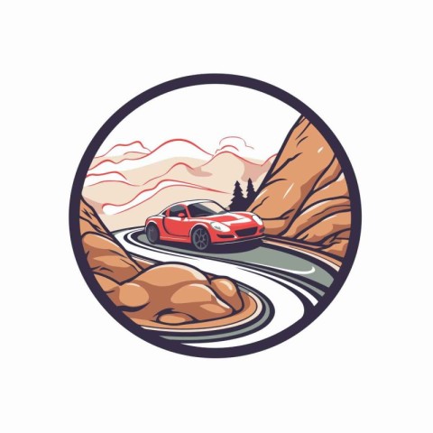 Illustration of a red car driving on a mountain road viewed from