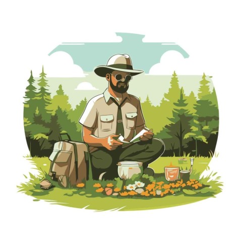 Vector illustration of a man in a hat and with a backpack is sit