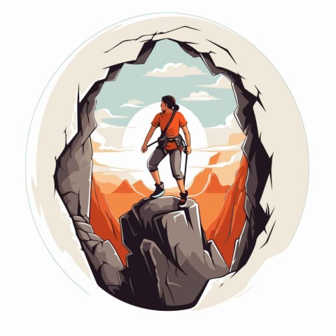 Hiker on the cliff. Vector illustration of a man with a backpack