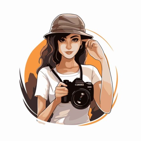 Vector illustration of a girl with a camera in a hat and white t