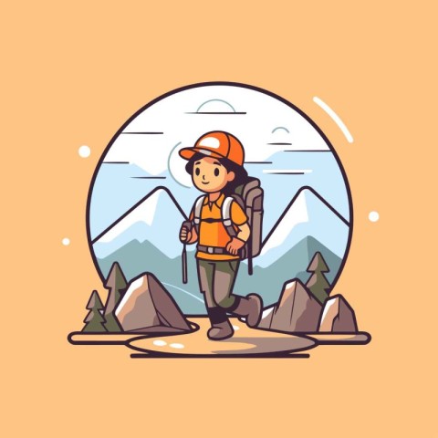 Hiker in mountains. Vector illustration in flat cartoon design s