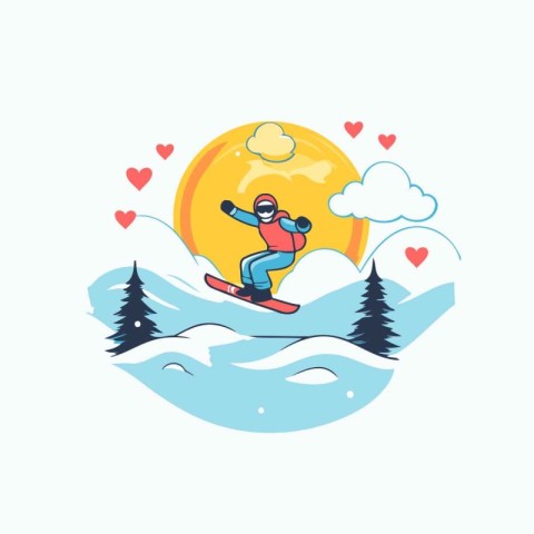 Snowboarder on the background of the sun and mountains. Vector i