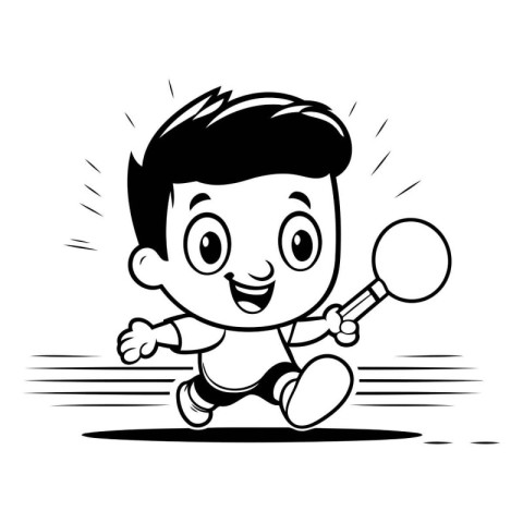 Cute Cartoon Boy Playing Tennis - Black and White Vector Illustr