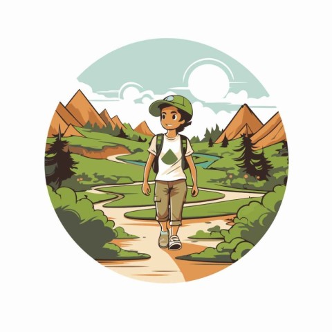 Hiking girl with backpack on road round icon vector illustration