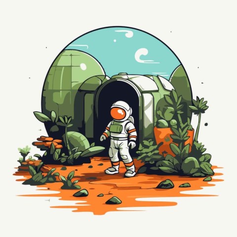 Astronaut in a green tunnel. Vector illustration in cartoon styl