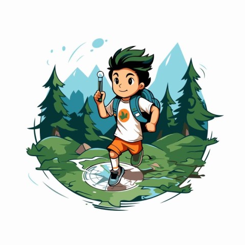 Boy with a backpack and a water gun in the forest. Vector illust