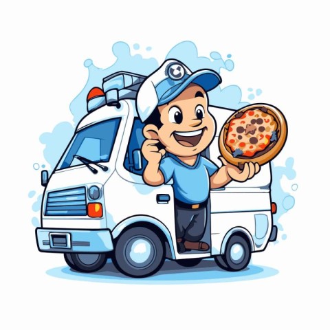 Cartoon delivery man with pizza. Delivery service. Vector illust