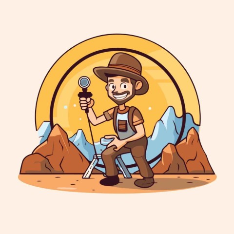 Cartoon explorer with map and binoculars. Vector illustration.