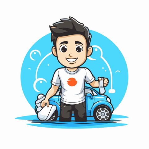 Cartoon man with a car. Vector illustration on white background.