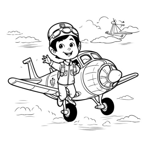 Boy pilot with a toy airplane in the sky. Vector illustration.