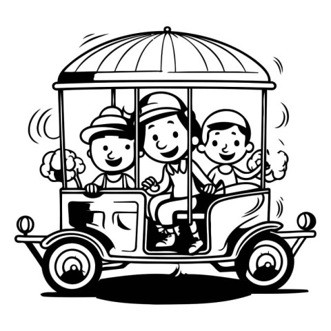 Children driving a tuk-tuk. black and white vector illustration