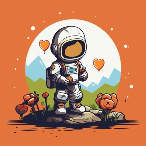 astronaut with heart on the background of the moon. vector illus