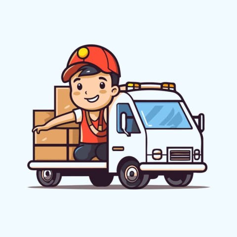 Delivery man with boxes on a truck. Vector illustration. Flat st