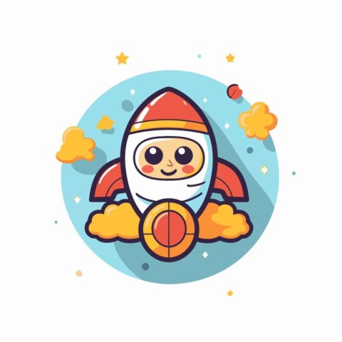 Cute cartoon rocket with shield on white background. Vector illu