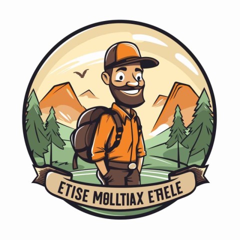 Vector illustration of a man hiker with a backpack in the mounta