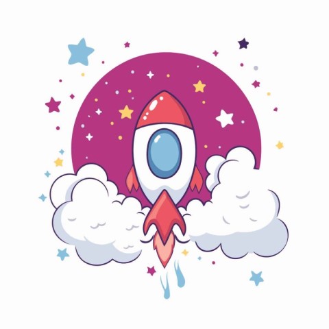 Rocket flying through the clouds. Cartoon style. Vector illustra