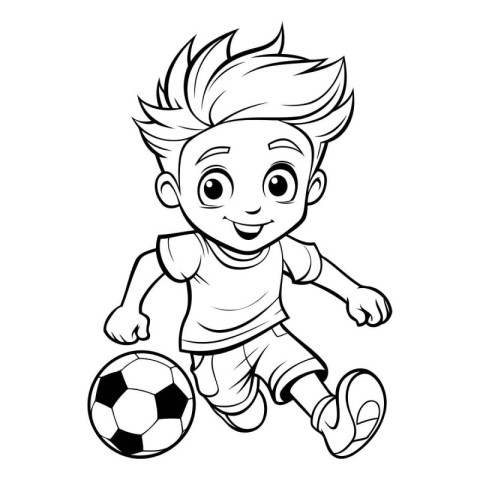 Boy playing soccer - black and white vector illustration for col